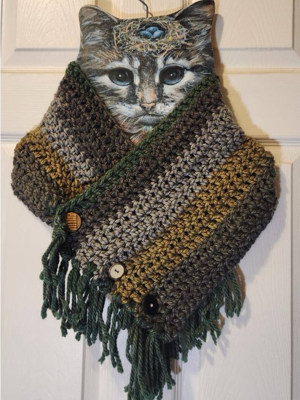 Handmade OOAK crochet green, Grey, gold striped scarf wrap with fringe